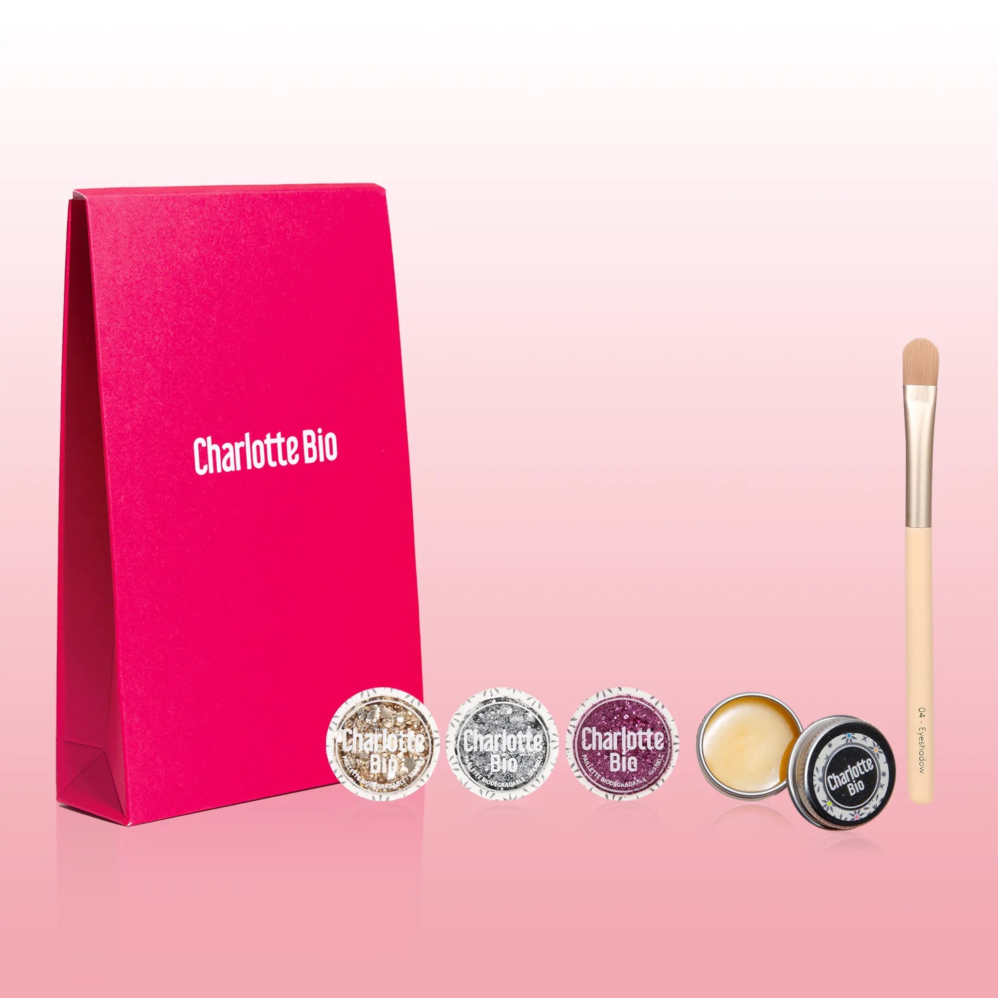 3701399703981 - Kit de purpurina facial｜Oro, Plata, Fushia + Brocha + Bálsamo - Charlotte Bio