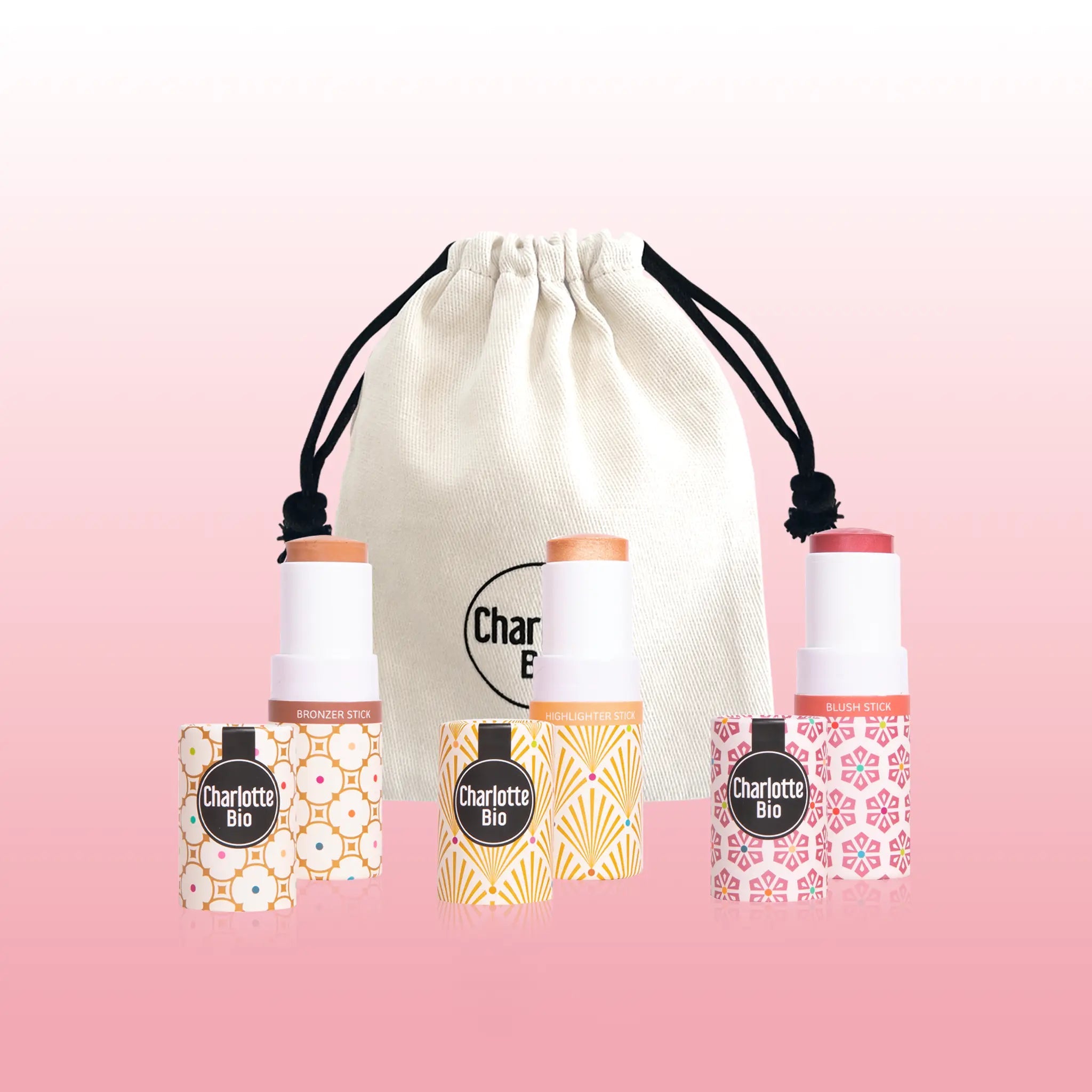 2024-11 - Sticks trío tez: bronceador + colorete + iluminador - Charlotte Bio